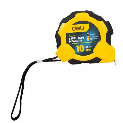 Рулетка Deli DL3799 10м*25мм, Автостоп, ударопрочный корпус, метрическая