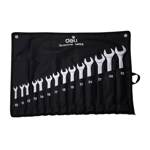 Набор комбинированных гаечных ключей 14 шт Deli DL130014B размеры 10,11,12,13,14,16,17,18,19,21,24,27,30,32мм, матовая хромированная поверхность, чехол из ткани Оксфорд