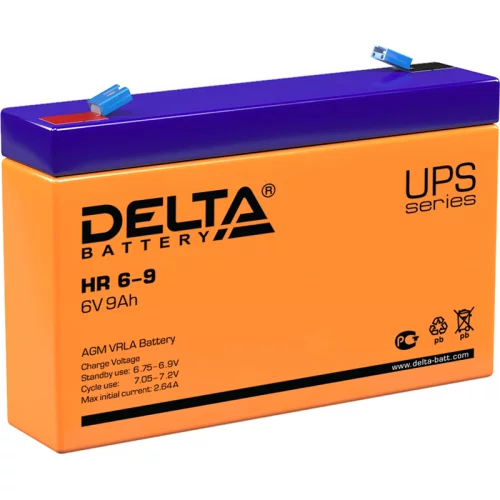 Батарея DELTA серия HR, HR 6-9, напряжение 6В, емкость 9Ач (разряд 20 часов), макс. ток разряда (5 сек.) 135А, макс. ток заряда 2.55А, свинцово-кислотная типа AGM, клеммы F1, ДxШxВ 151х34х94мм., вес 1.37кг., срок службы 8 лет./ Battery DELTA series HR, H