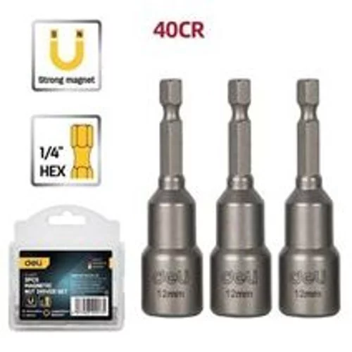 Набор магнитных бит с торцевой головкой 3шт Deli DL4812T 12мм, длина 65мм, сталь 40Cr, пласт. кейс