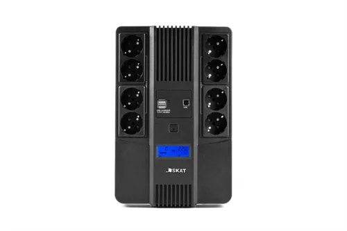 Источник бесперебойного питания (8933) SKAT-UPS 800-AID-IN-1x9-8 ИБП 220В 480Вт, LCD, АКБ 1x 9Ач, line interactive, мод.синус, 8хSchuko,2xUS