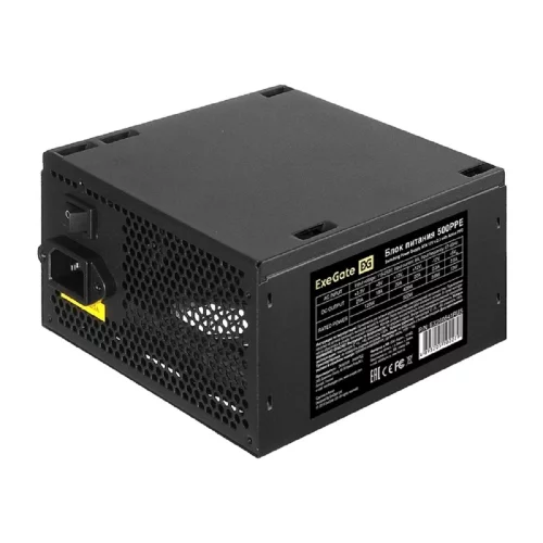 Блок питания 500W ExeGate 500PPE (ATX, APFC, PC, КПД 80% (80 PLUS), 12cm fan, 24pin, 2x(4+4)pin, 2xPCI-E, 5xSATA, 3xIDE, black, кабель 220V в комплекте) (EX260641RUS-PC)