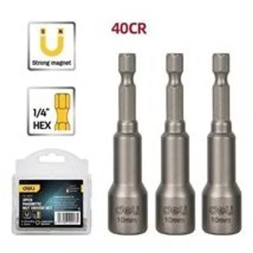 Набор магнитных бит с торцевой головкой 3шт Deli DL4810T 10мм, длина 65мм, сталь 40Cr, пласт. кейс