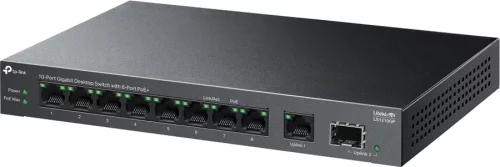 TP-Link LS1210GP, Настольный коммутатор с 9 гигабитными портами RJ45 (8 портов PoE+) и портом SFP, 802.3af/at, бюджет PoE — 61 Вт, до 250 метров