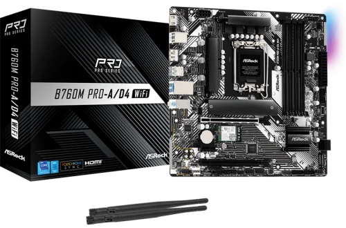 Материнская плата ASROCK B760M PRO-A/D4 WIFI, LGA1700, B760, 4*DDR4, 4*SATA, 2*M.2, 3*USB 3.2, 2*USB 2.0, Type-C, 2*PCIx16, 1*PCIx1, 1*M.2 (Key E), HDMI+DP, mATX