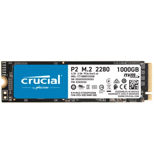 Твердотельный накопитель/ Crucial SSD P2, 1000GB, M.2(22x80mm), NVMe, PCIe 3.0 x4, 3D TLC, R/W 2400/1800MB/s, IOPs н.д./н.д., TBW 300, DWPD 0.2 (12 мес.) (CT1000P2SSD8)