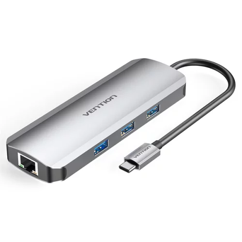 Vention Multi-function USB-C to HDMI/ USB3.0x3/ RJ45/ SD/ TF/ PD Docking Station 0.15M Gray Aluminum Alloy Type (TOKHB)