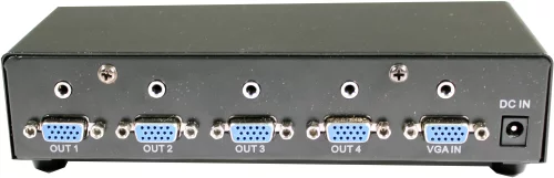Разветвитель VGA+аудио OSNOVO D-VA104 Разветвитель- 1VGA+1Стерео Аудио вх./4 VGA+4 Стерео Аудио. Расстояние передачи – до 50м; Разрешение: до 1920х1440, 60 Гц; Подключение VGA(15 pin D-sub), Стерео Аудио (3,5мм). БП 5В DC/