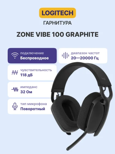 Гарнитура/ Logitech ZONE Vibe 100 Bluetooth Headset - GRAPHITE (981-001213) фото 2