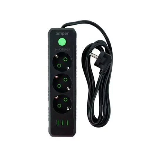 Amper сетевой удлинитель, 4,0м, 3 розетки, 10А, 2500 Вт, 3usb, черный. (JH-1031U-4B)