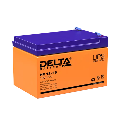 Батарея DELTA серия HR, HR 12-15, напряжение 12В, емкость 15Ач (разряд 20 часов), макс. ток разряда (5 сек.) 200А, макс. ток заряда 4.5А, свинцово-кислотная типа AGM, клеммы F2, ДxШxВ 151х98х95мм., вес 4.6кг., срок службы 8 лет./ Battery DELTA series HR,