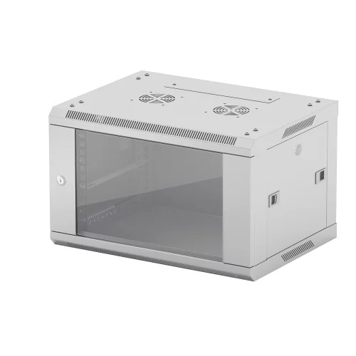Шкаф телекоммуникационный NEOMAX [NCB-WM6U-6035GK3-100-GY] настенный 6U (600х350), дверь стекло, замок (3шт) на ключе, разборный, цвет серый (1 коробка)