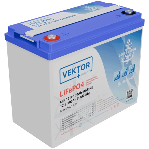 Батарея Vektor Energy серия LFP MARINE, LFP 12.8-100, напряжение 12.8В, емкость 100 Ач, макс. ток разряда 100А, макс. ток заряда 100 А, литий-ионная аккуумуляторная батарея, клеммы M8, ДxШxВ 258*166*2 (LFP 12.8-100 MARINE)