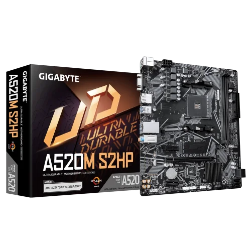 Материнская плата Gigabyte A520M S2HP A520, AM4, 2*DDR4, 1*PCIEx16, 2*PCIEx1, 1*M.2, 6*USB3.2Gen1, 8*USB2.0, 4*SATA3.0, 1G, VGA, DP, HDMI, M-ATX, RTL