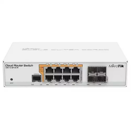 Коммутатор/ CRS112-8P-4S-IN Cloud Router Switch with QCA8511 400Mhz CPU, 128MB RAM, 8xGigabit LAN with PoE-out, 4xSFP, RouterOS L5, desktop case, PSU