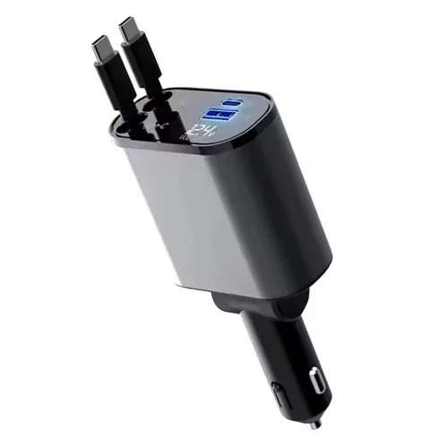 Автомобильная зарядка в прикуриватель SmartiNext 4в1, 2 кабеля Type-C, черный АPC-XH-X11 Встроенные кабели с автоскруткой: Type-C: 2 шт., длина кабелей: 80 см, Дисплей: Да, Порты 2 USB : Type-C, Type-A, Корпус: Алюминиевый, Быстрая зарядка: Да, PD: 20 Вт