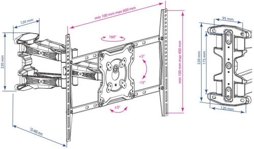 Кронштейн для ТВ KROMAX ATLANTIS-46 grey (max VESA 600x400 мм., настенный, наклонно-поворотный, max 45 кг) (20259)