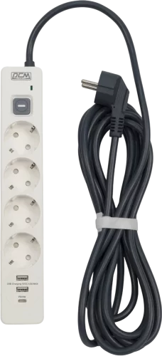 Сетевой фильтр-удлинитель/ PowerCom SP-01 USB2A1CW 3.0M, 4 розетки, белый, 16А, 4кВт, 380Дж, защитные шторки, защита от КЗ, перегрузки, ВЧ и импульсных помех, один порт USB-C(PD20W) и два USB-A(QC3.0)