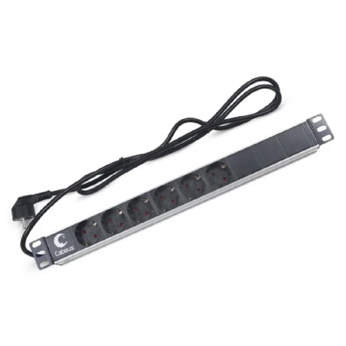 Cabeus PDU-6P-2EU Блок евророзеток для 19 шкафов, горизонтальный, 6 розеток, 16 A, без выключателя, шнур 2м, алюминиевый корпус, немецкий стандарт