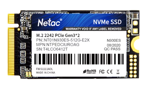 Netac SSD N930ES 512GB PCIe 3 x2 M.2 2242 NVMe 3D NAND, R/ W up to 1650/ 1500MB/ s, TBW 300TB, 3y wty (NT01N930ES-512G-E2X)