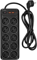 Сетевой фильтр-удлинитель/ PowerCom SP-10 USB2A1CB 3.0M, 10 розеток, черный, 16А, 4кВт, 204Дж, защитные шторки, защита от КЗ, перегрузки и импульсных помех, один порт USB-C(PD20W) и два USB-A(QC3.0) с