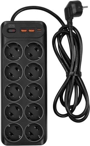 Сетевой фильтр-удлинитель/ PowerCom SP-10 USB2A1CB 3.0M, 10 розеток, черный, 16А, 4кВт, 204Дж, защитные шторки, защита от КЗ, перегрузки и импульсных помех, один порт USB-C(PD20W) и два USB-A(QC3.0) с
