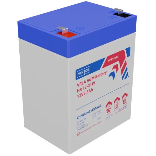 Батарея Vektor Battery серия HR, HR 12-21W, напряжение 12В, емкость 5,5 Ач (разряд 20 часов), макс. ток разряда (5 сек.) 90А, макс. ток заряда 1,1A, свинцово-кислотная типа AGM, клеммы F2, ДxШxВ 91x70