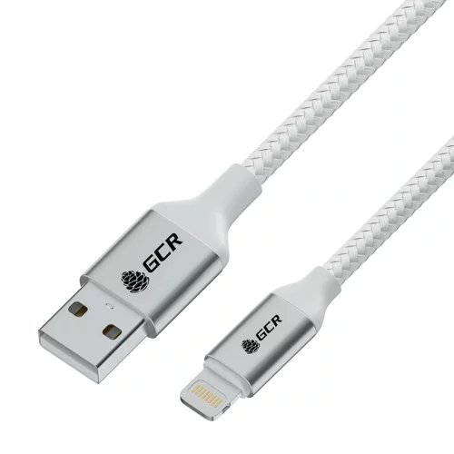 GCR Кабель 1.0m USB AM/ Lightning - поддержка всех IOS, MFI, белый нейлон, AL корпус серебро, белый ПВХ, GCR-53077