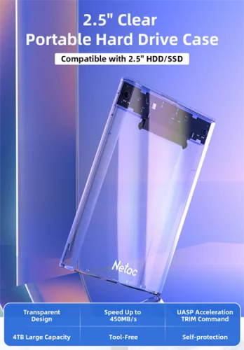 Внешний корпус NETAC WH11 <NT07WH11-30СC> для HDD/ SSD 2.5 SATA -> USB3.0 прозрачный, C to C cable (NT07WH11-30CC)