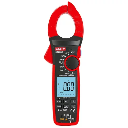 Токоизмерительные клещи UT206B Напряжение постоянного/ переменного тока (1000 В); переменный ток (1000А); Сопротивление (60 МОм); Емкость (60 мФ); Частота (1 МГц); Температура (1000 ℃)