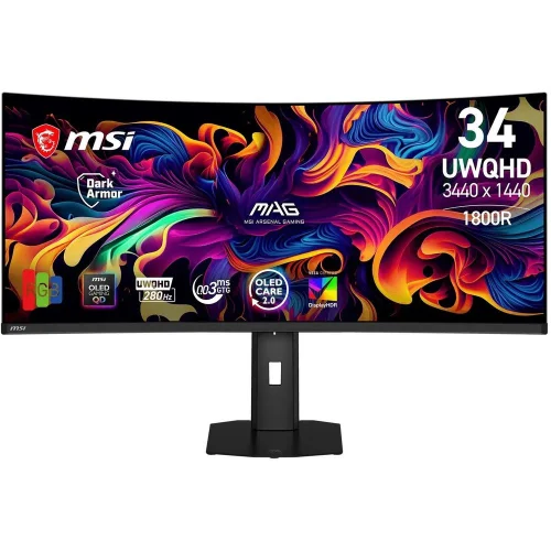 Монитор 34.18 MSI MAG 341CQP QD-OLED X28 Curved QD-OLED, 3440x1440, 280Hz, 0,03ms, 250сd/ m, 1500000:1, HDR | 2xHDMI(2.1), DP(1.4a), Type-C(PD-15W) | HAS, Swivel, InPSU, Vesa 100, Black (9S6-3DE39T-012)