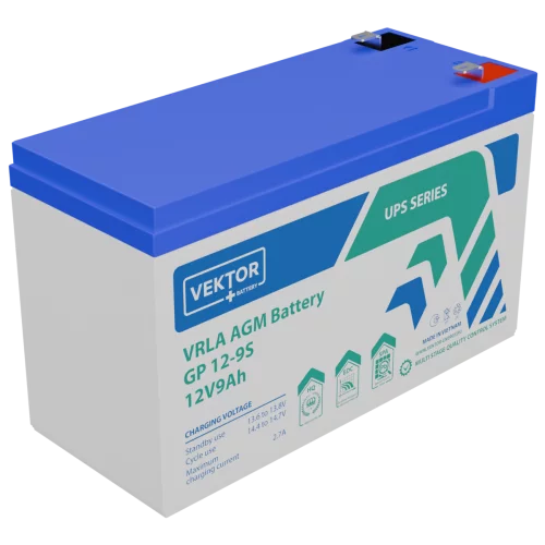 Батарея Vektor Battery серия GP , GP 12-9S, напряжение 12В, емкость 9Ач (разряд 20 часов), емкость 8,36Ач (разряд 10 часов), макс. ток разряда (5 сек.) 90А, макс. ток заряда 2,7A, свинцово-кислотная т