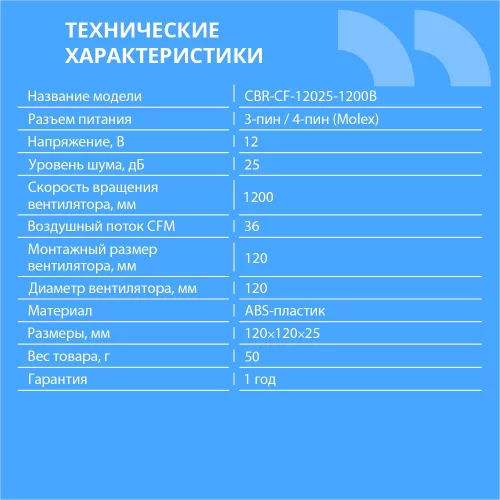 CBR Вентилятор для корпуса CBR-CF-12025-1200B, 120*120*25мм, 3-pin+molex, 1200 RPM, 36 CFM, 25 dBA фото 2