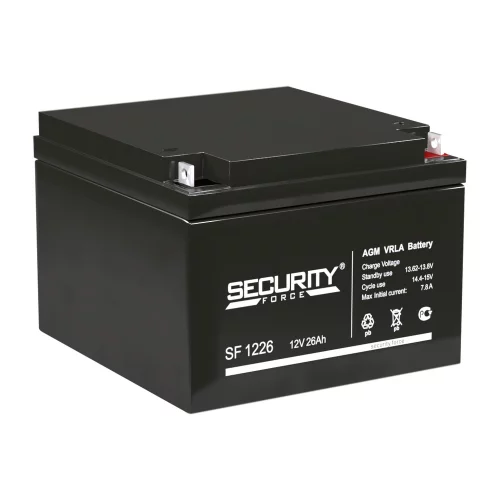 Батарея SECURITY FORCE серия SF, SF 1226, напряжение 12В, емкость 1.9Ач (разряд 20 часов), макс. ток разряда (5 сек.) 30А, макс. ток заряда 7.8А, свинцово-кислотная типа AGM, клеммы под гайку и болт M6, ДxШxВ 166х175х125мм., вес кг., срок службы 3-5 лет.