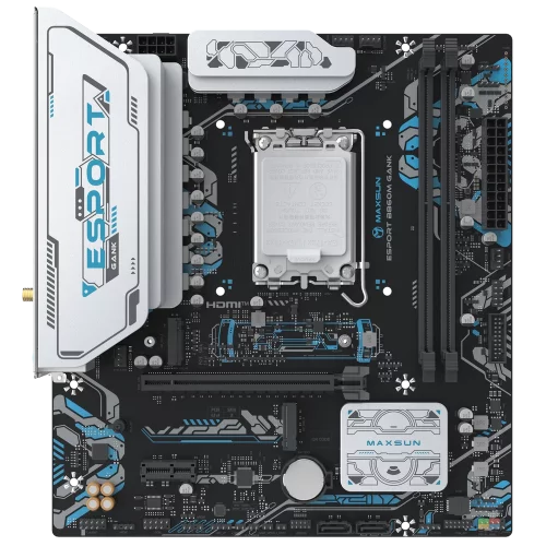 Материнская плата Maxsun MS-eSport B860M GANK WIFI B860, LGA1851, 2*DDR5, 1*PCIEx16, 1*PCIEx1, 2*M.2, 6*USB3.2Gen1, 4*USB2.0, 2*SATA3.0, 1G, DP, HDMI, M-ATX, RTL (6940709661413)