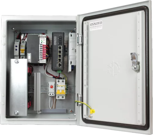 Уличный коммутатор OSNOVO OS-34TB1(SW-80402/IL) Уличный управляемый (L2) коммутатор с термостабилизацией и резервным питанием на базе уличной станции OSNOVO OS-34TB1. Порты: 4 x GE (10/100/1000Base-T) с PoE (до 30W) + 2