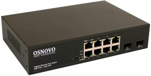 PoE Коммутатор OSNOVO SW-80802(150W) PoE коммутатор Gigabit Ethernet на 8 RJ45 + 2 SFP порта. Порты: 1 x GE (10/100/1000Base-T) с PoE (до 60W, A+B) + 7 x GE (10/100/1000Base-T) с PoE (до 30W), 2 x GE SFP (1000 Base-