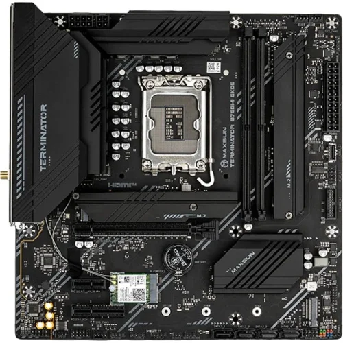 MAXSUN MS-Terminator B760M GKD5 WIFI (Socket 1700, mATX, 2*DDR5(96Gb), DP/HDMI, 4*SATA3, 3*M.2, 1xPCI-Ex16/1*PCIEx4/1*PCIEx1, 6*USB 2.0, 2*USB 3.2, LAN 1*2.5G, Wi-Fi 6, RTL)