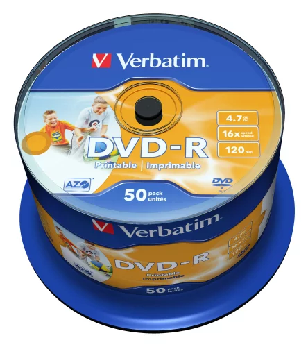 Verbatim Диски DVD-R 4.7Gb 16х, Wide Photo InkJet Printable, 50шт, Cake Box (/ 43649) (43533)