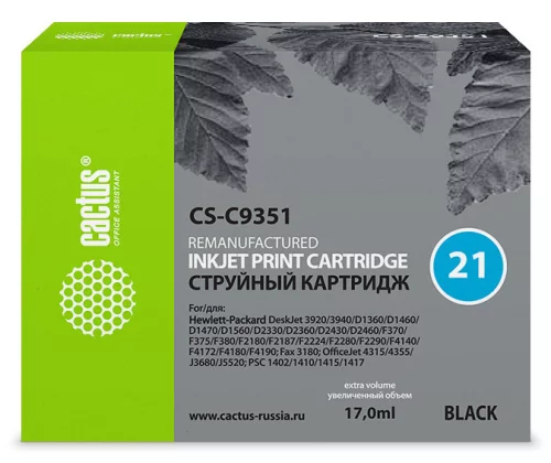 Картридж струйный Cactus CS-C9351 №21 черный (17мл) для HP DJ 3920/3940/D1360/D1460/D1470/D1560/D2330/D2360/D2430/D2460/F370/F375/F380/F2180/F2187/F2224/F2280/F2290/F4140/F4172/F4180/F4190