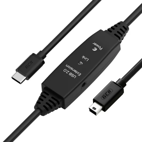 GCR PRO Кабель активный 5.0m TypeC / Mini 5P USB 2.0, с усилителем сигнала, разъём для доп.питания, черный, 28/24 AWG, GCR-57382