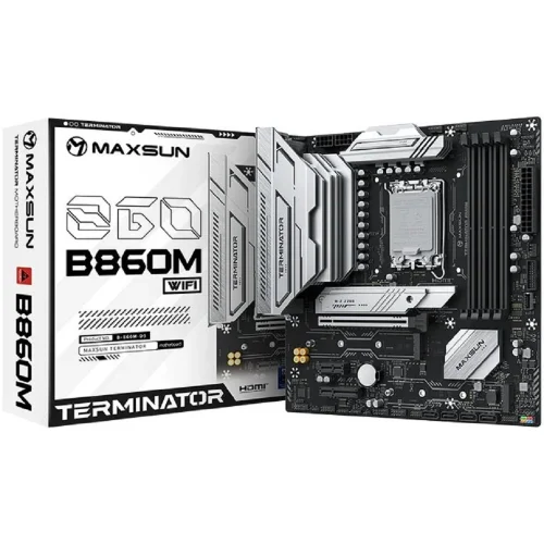 Материнская плата MAXSUN MS-Terminator B860M WIFI (MS-TERMINATOR B860M WIFI) Материнская плата MAXSUN MS-Terminator B860M WIFI, LGA1851, B860, 4*DDR5, 4*SATA3, 3*M.2, USB 3.2, USB 2.0, Type-C, 1*PCIEx16, 1*PCIex4, 1*PCIex1, HDMI+DP, mATX