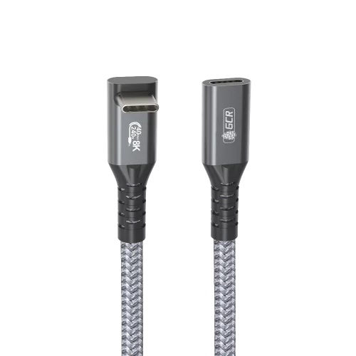 GCR PRO Удлинитель USB4 Type-C, 0.2m, угловой, 40Gbps, 240W, 8K60Hz, M/F, штекер Г-образный верх-низ, текстиль, серый, GCR-57138
