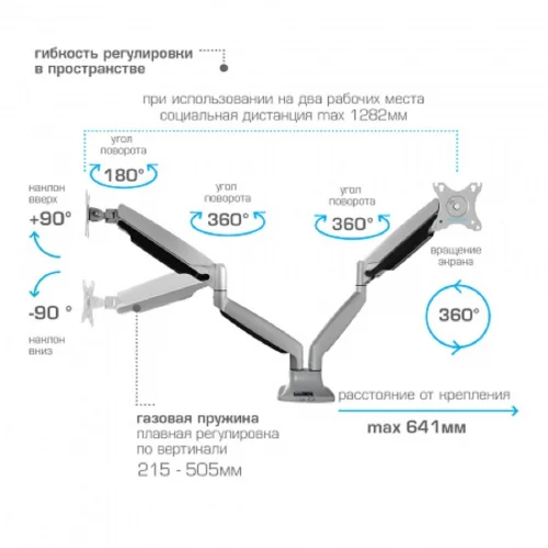 Кронштейн для мониторов KROMAX OFFICE-22 silver (настольный, 17-35, max 2x15кг, 6 ст св., нак. ±90°, пов. 360°) (90636) фото 3