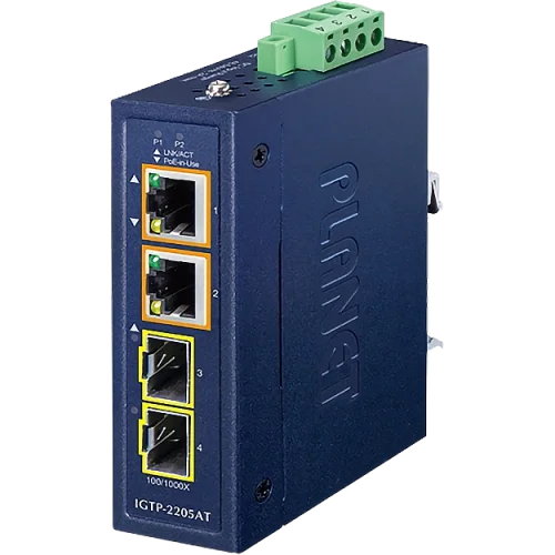 медиа конвертер/ PLANET IP30 Compact size 2-Port 100/ 1000X SFP + 2-Port 10/ 100/ 1000T 802.3at PoE+ Media Converter (-40~75 degrees C, dual 48~54V DC, max. 60W PoE budget) (IGTP-2205AT)