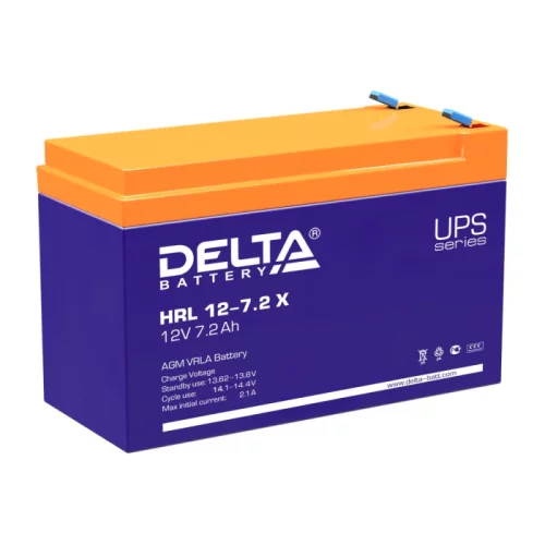 Батарея DELTA серия HRL-X, HRL 12-7,2 X, напряжение 12В, емкость 7.2Ач (разряд 10 часов), макс. ток разряда (5 сек.) 108А, макс. ток заряда 2.16А, свинцов? (HRL 12-7.2 X)