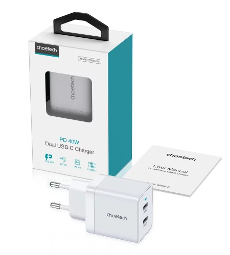 Сетевое зар./устр. Choetech Q5006-EU 40W 3A (PD) 2xUSB type-C универсальное белый (Q5006-EU-WH) фото 3