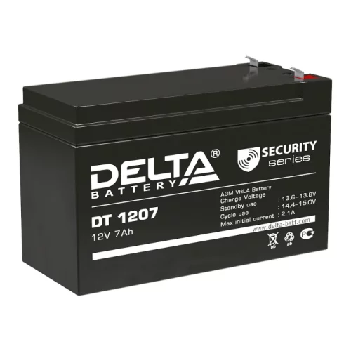 Батарея DELTA серия DT, DT 1207, напряжение 12В, емкость 7Ач (разряд 20 часов), макс. ток разряда (5 сек.) 108А, макс. ток заряда 2.1А, свинцово-кислотная типа AGM, клеммы F1, ДxШxВ 151х65х95мм., вес 2.05кг., срок службы 5 лет./ Battery DELTA series DT,