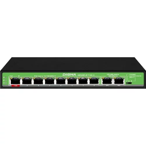 Digma DSP208F-2F-T120 Коммутатор V1 (L2) 10х100Мбит/ с 8PoE 8PoE+ 120W неуправляемый