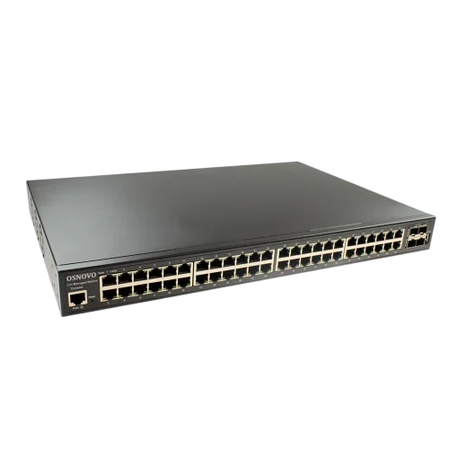 Коммутатор Gigabit Ethernet OSNOVO SW-48G4X-L2 Управляемый L2+ коммутатор Gigabit Ethernet на 52 порта. Порты: 48 x GE (10/100/1000Base-T) + 4 x 1G/10G SFP+ Uplink. Консольный порт, Уровень управления L2+. Поддержка Jumbo Frame